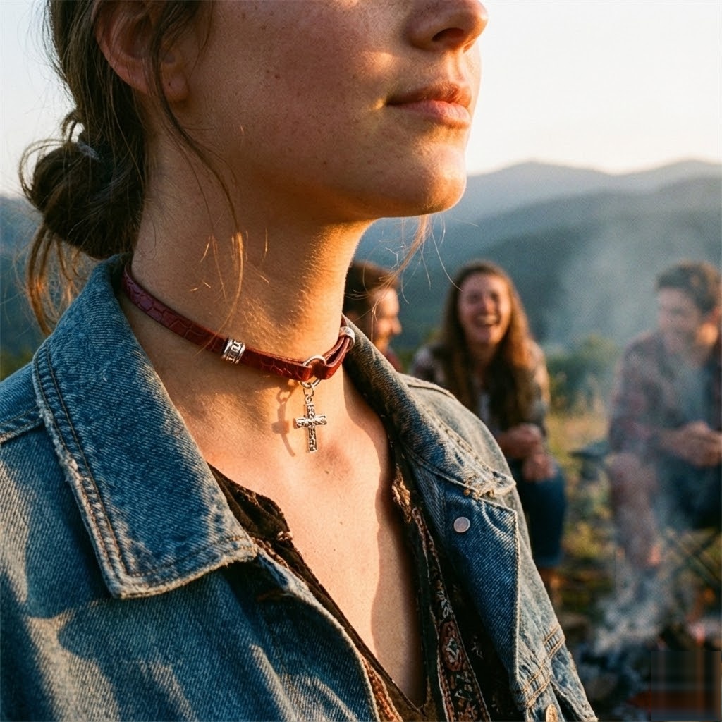 Home 13 Regal grecian cross red leather day collar worn as jewelry